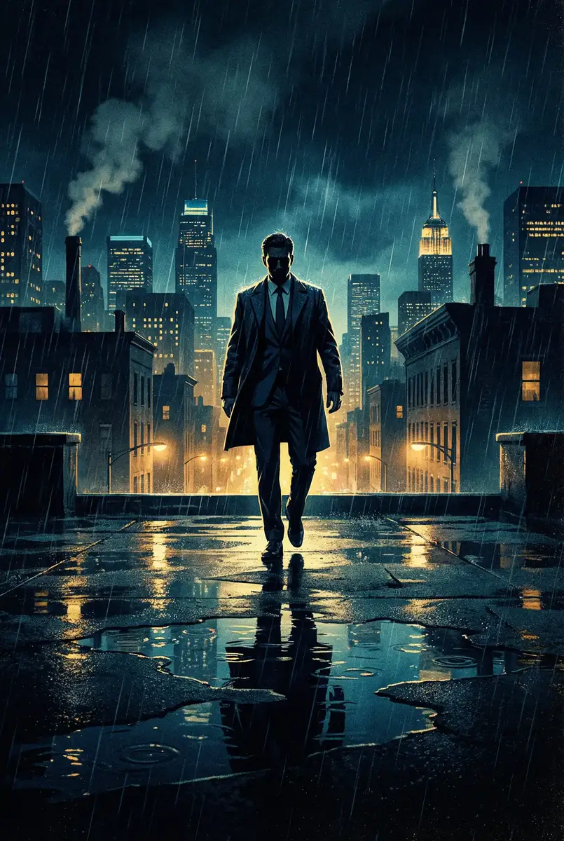 拉票贿选 出品影片《雨夜独行者》海报，雨中城市屋顶男性剪影